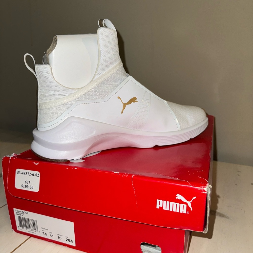 Puma White High-Top Sneakers with Knit Collar